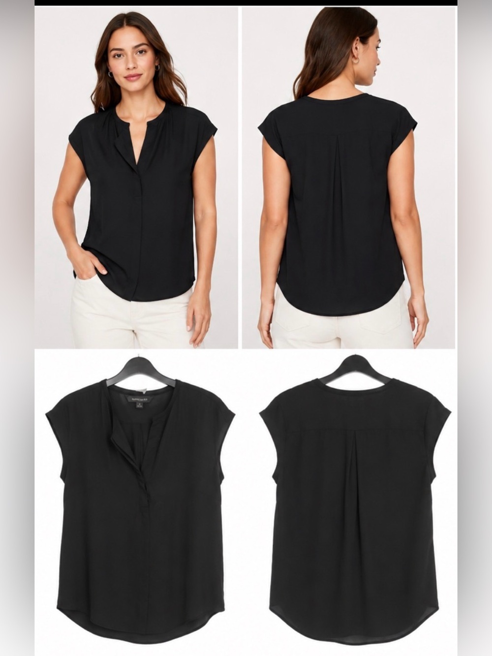 Banana Republic Blouse Sz M Tall Black Split Neck Top Cap Sleeve workwear summer - Picture 2 of 8